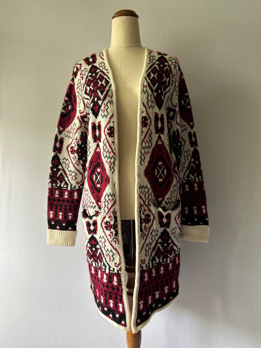 Boho-Chic Geometric Tribal Knit Cardigan – Size XS