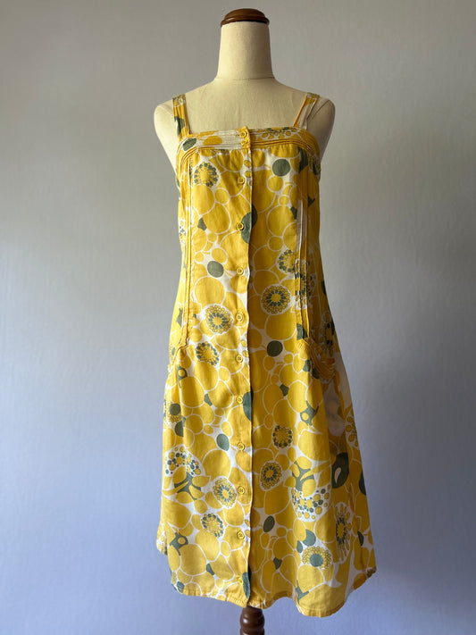 Size Small | Mod Yellow Floral Cotton Sundress | Button Front A-Line Dress