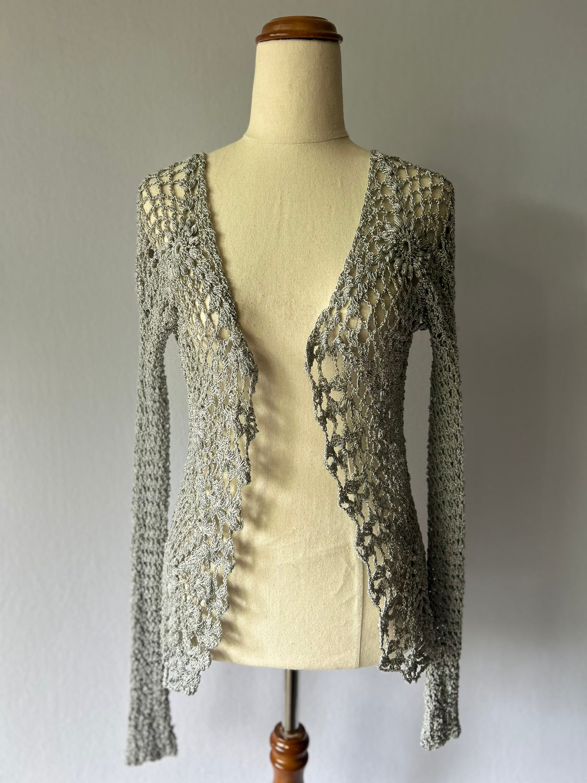 Silver-Tone Open-Knit Cardigan – Size S