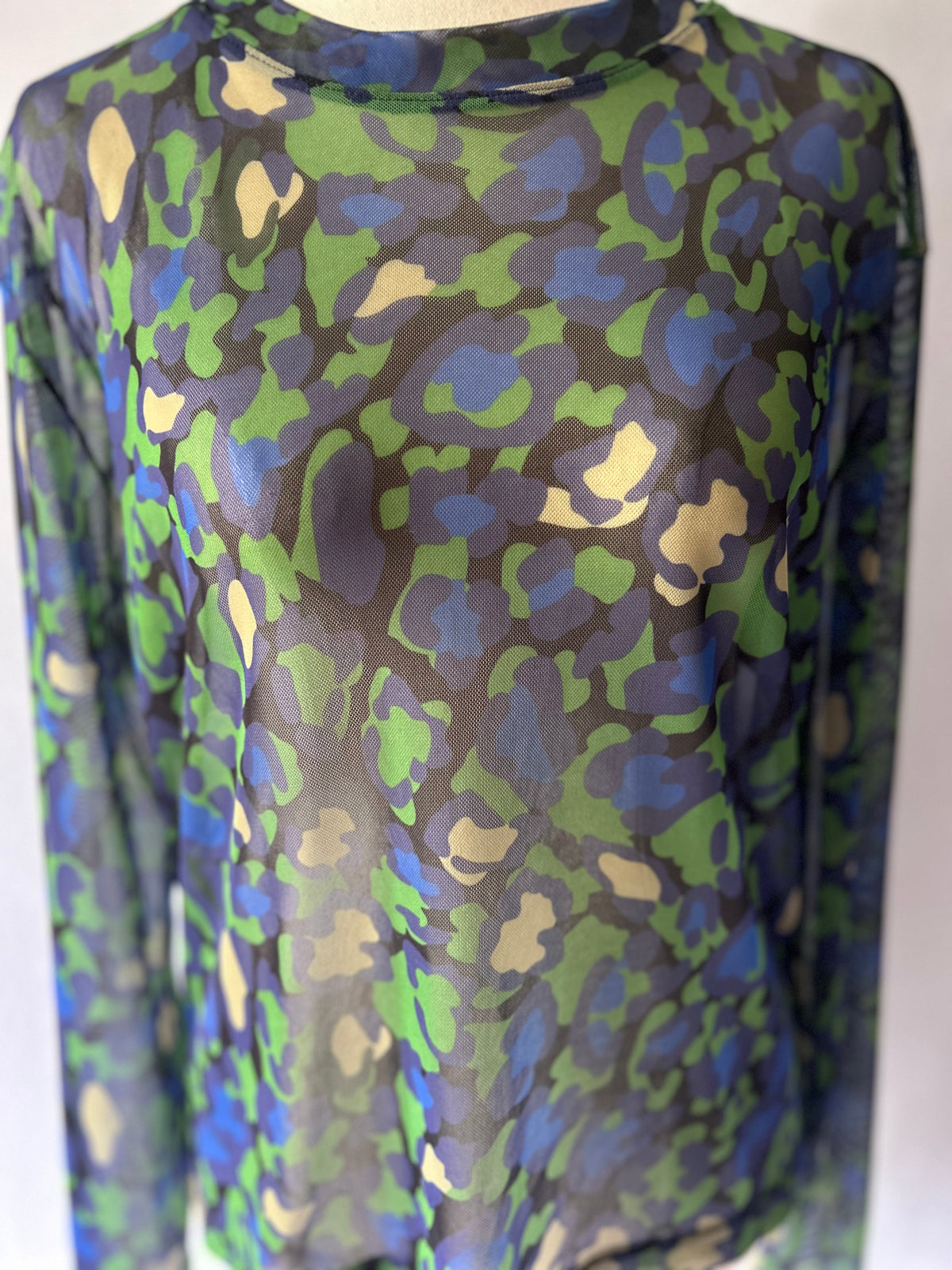Abstract Print Sheer Mesh Long Sleeve Top — Size XL