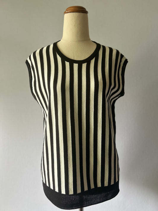 Monochrome Vertical Striped Knit Vest Top - Black & Off-White - Size Medium