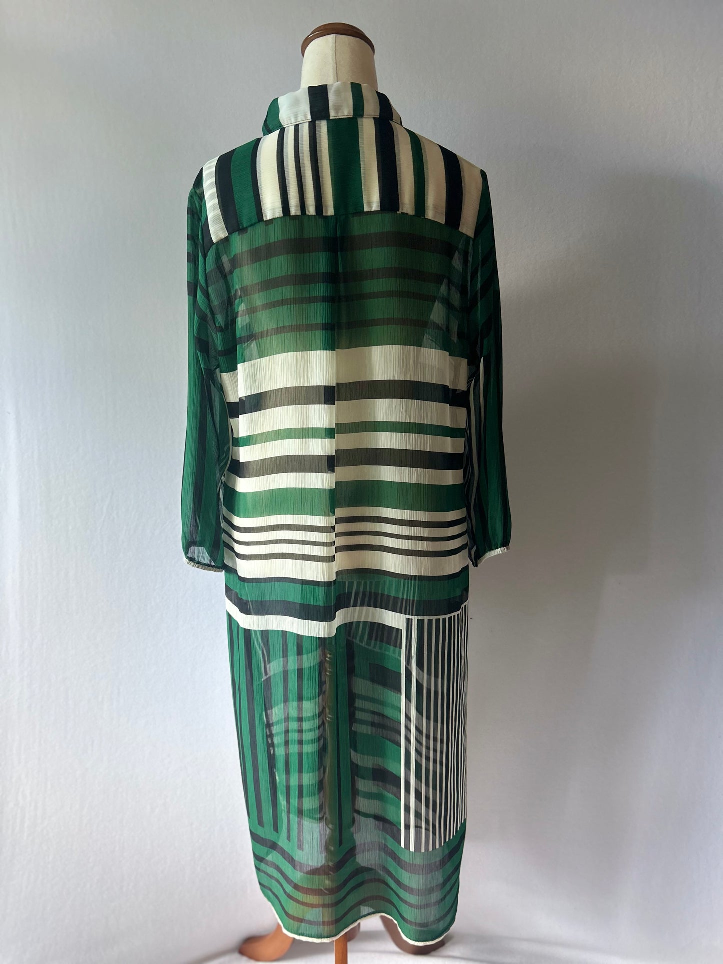 Coco&Belle Graphic Mixed-Stripe Sheer Chiffon Chemise Dress - Green & Black - Size 12