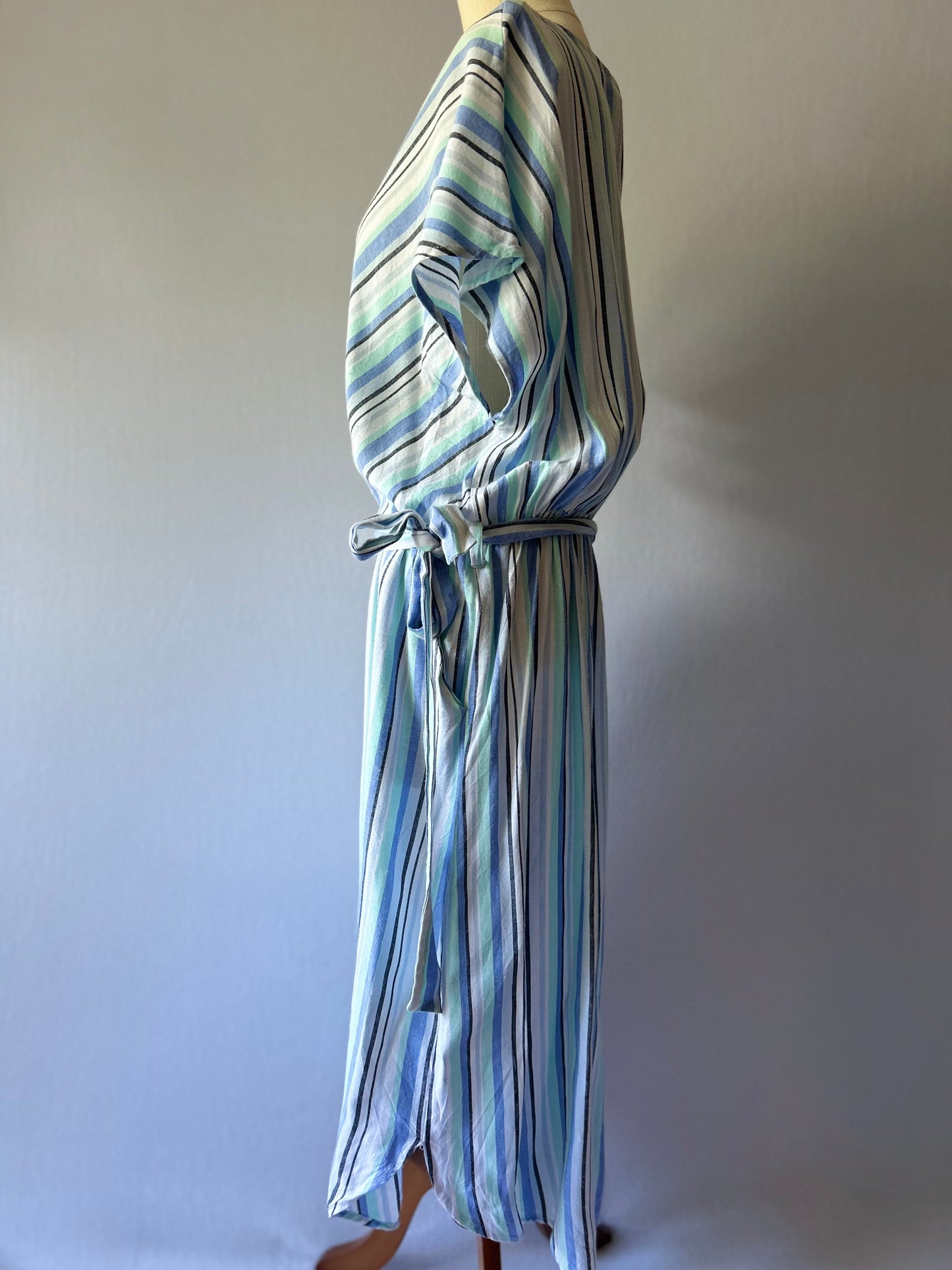 Size 16 | Linen Blend Striped Maxi Dress | Blue Green V-Neck Summer Dress
