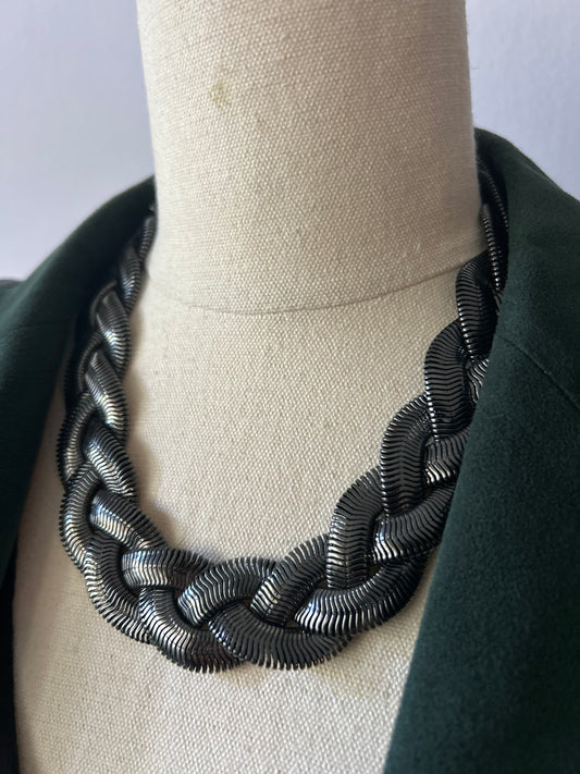 Chunky Braided Gunmetal Chain Statement Necklace - One Size