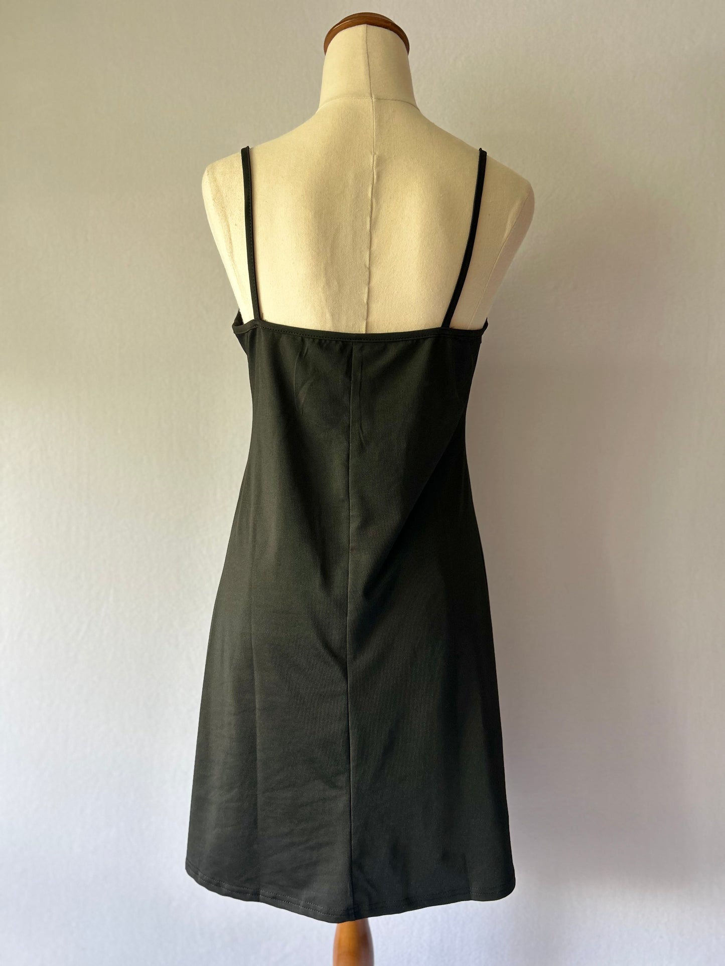 Black Mini Slip Dress - V-Neck with Wooden Buttons, size M
