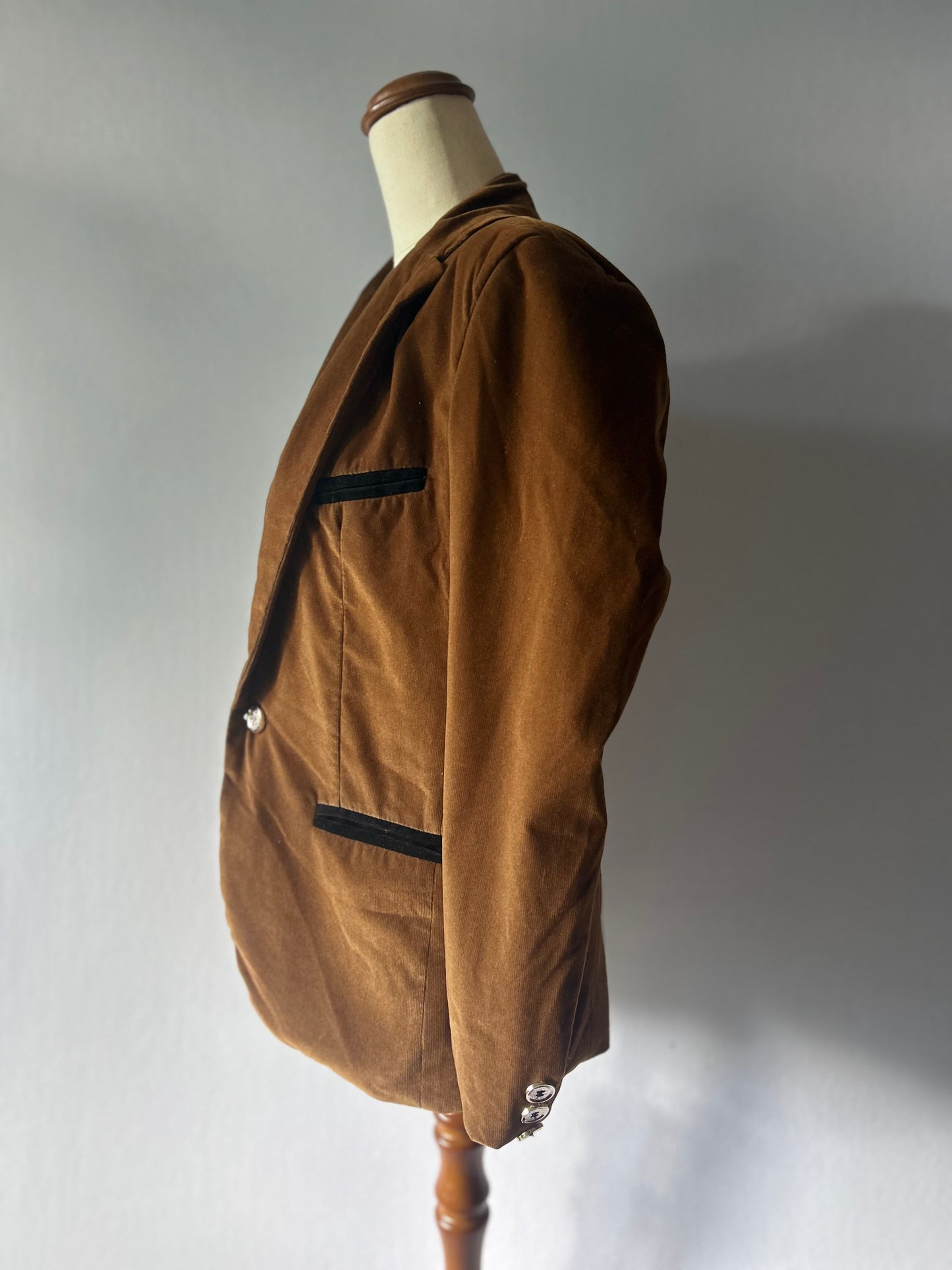 Vintage Contrast-Trim Velvet Blazer - Cognac Brown - Size 8