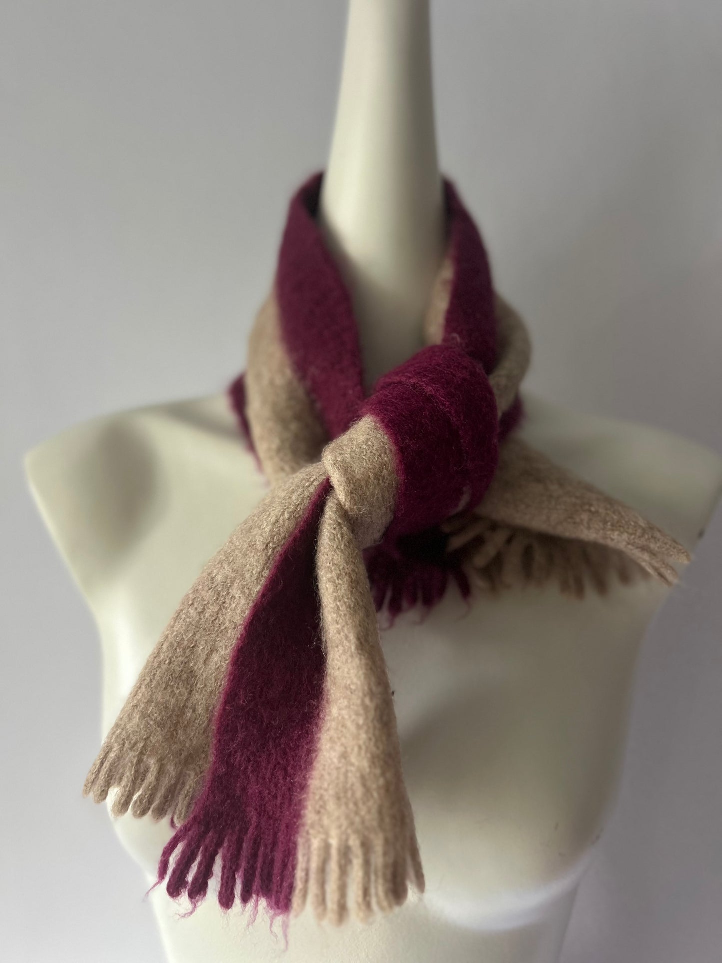 Vintage Mohair-Blend Striped Scarf in Plum & Oatmeal - One Size