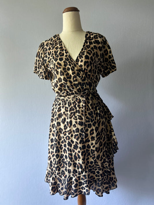 Romantic Leopard Print Wrap Dress with Ruffle Trim - Size S