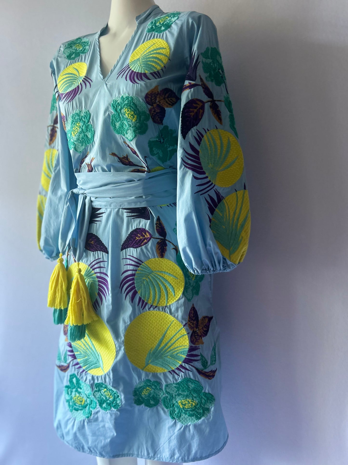 NWT Embroidered Botanical Cotton Mini Dress with Belt - Size S