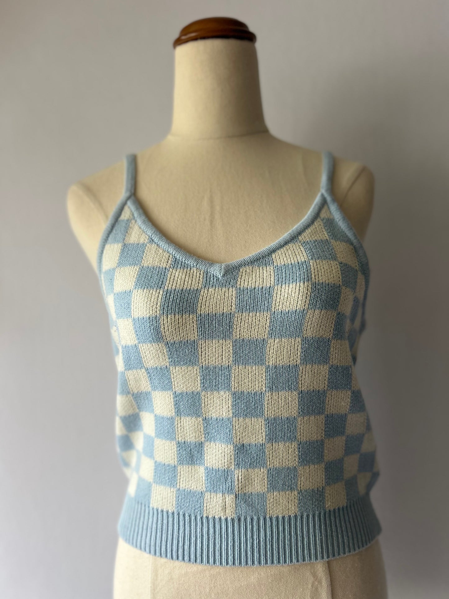 Size 10 | Blue Checkered Knit Tank Top – 100% Cotton