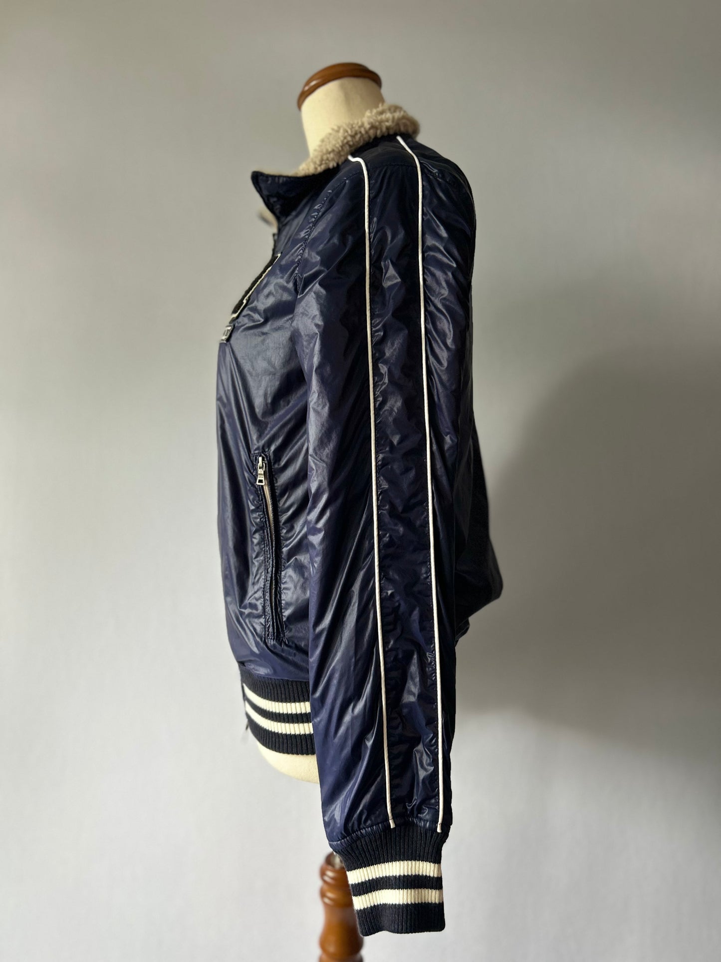 Holiday Varsity Coated Track Jacket - Sherpa-Lined Navy Blue - Size S/M