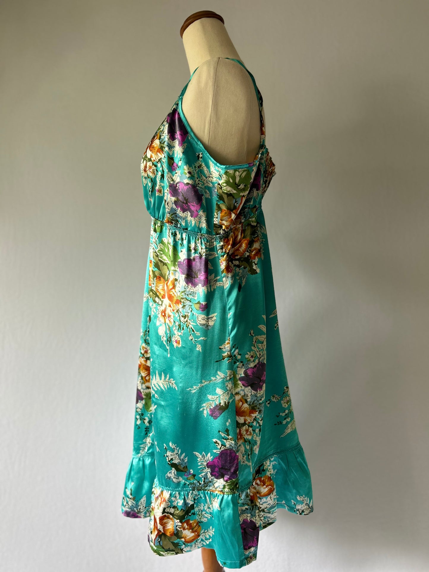 Silky Floral Print Mini Dress - Aqua Blue Ruffle Hem