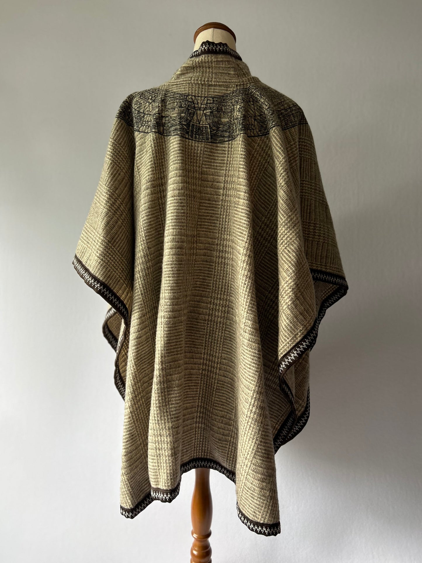 Folk-Art Heritage Knit Cape Poncho - Earthy Oatmeal & Brown - One Size