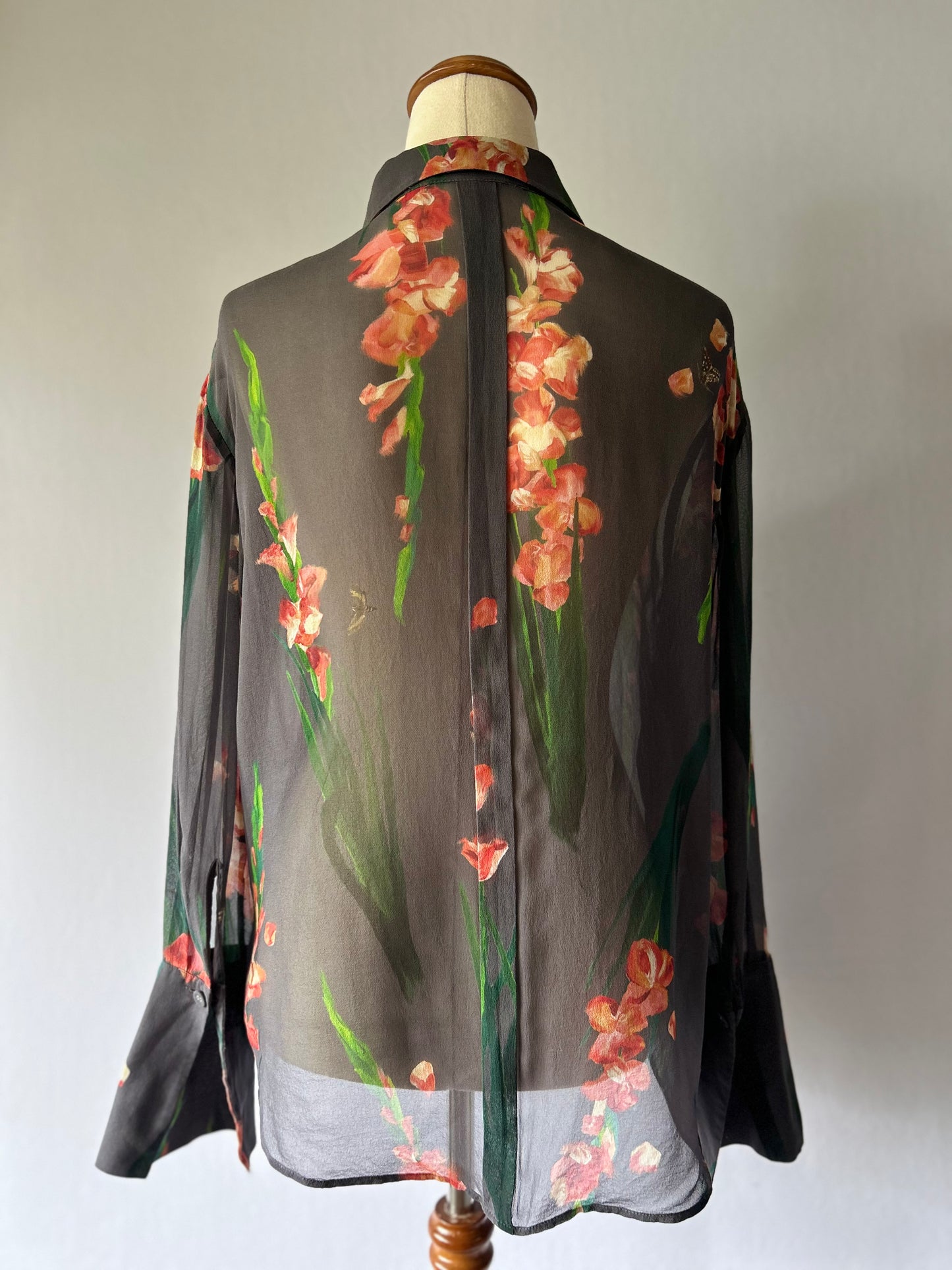 Sheer Charcoal Silk Floral Button-Down Blouse - Size UK 10/Eur38