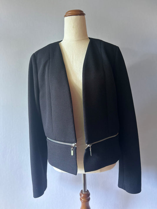 Whistles Collarless Open-Front Textured Jacket with Zipper Details - Black - Size 16