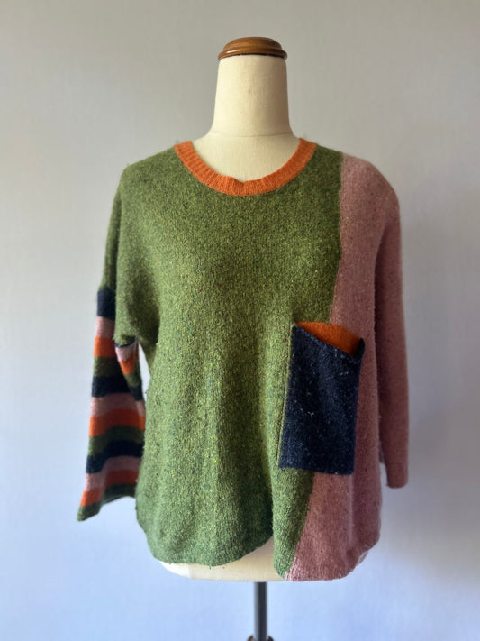 Ldco Melbourne Lambswool Blend Color-Block Patchwork Jumper - Olive & Dusty Pink - Size Extra Small