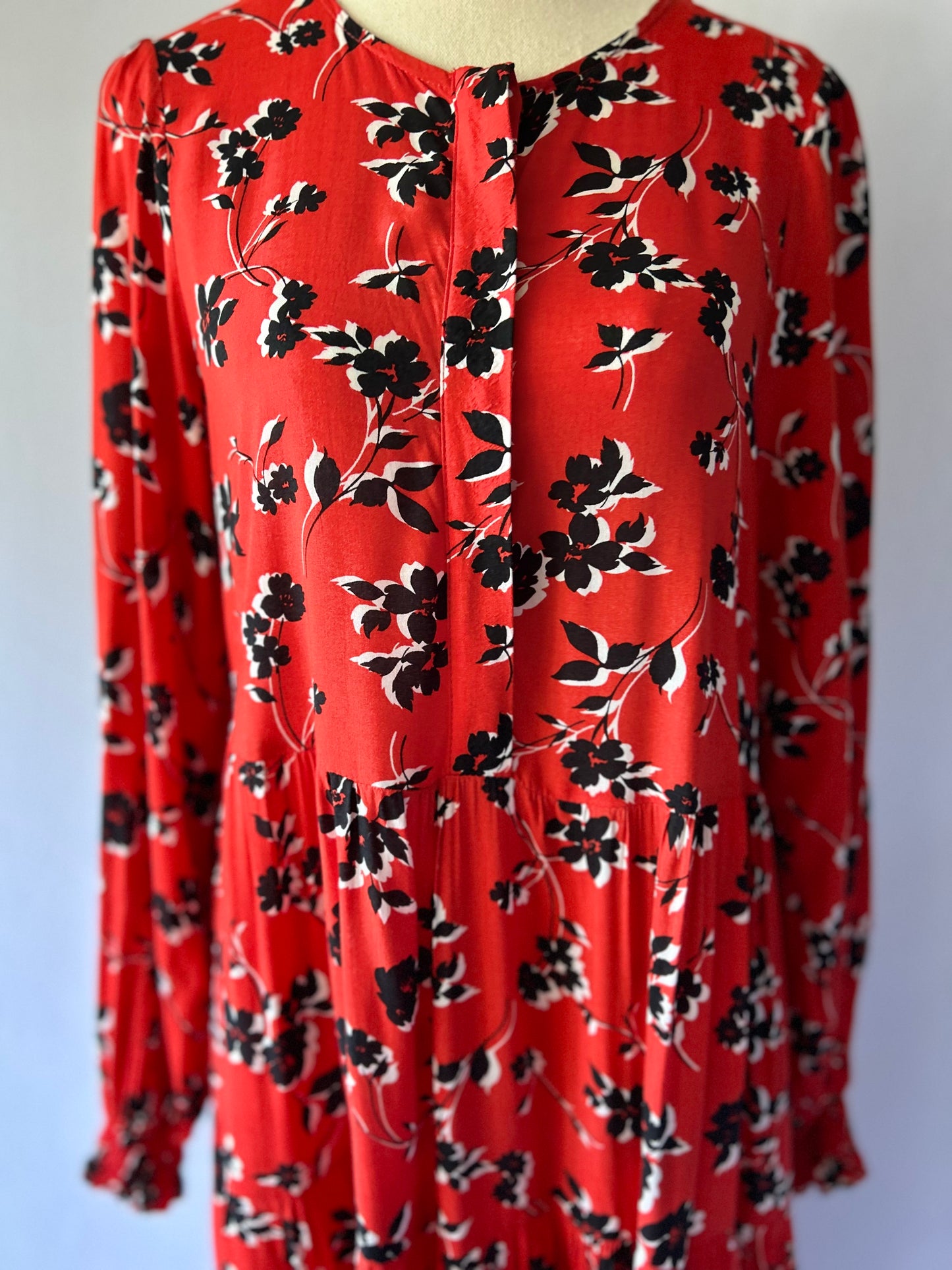 Red Floral Long Sleeve Midi Dress – Size Small
