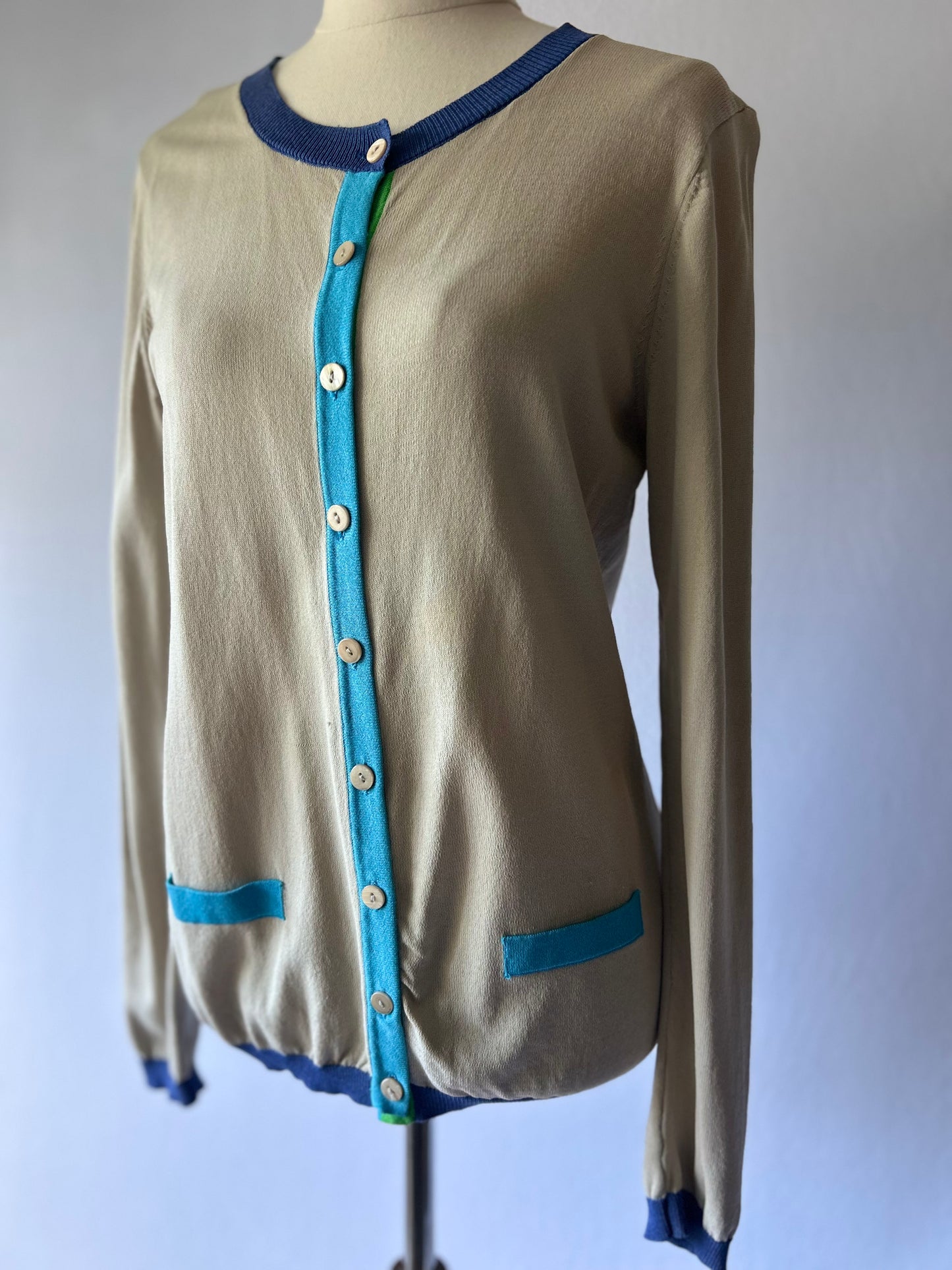 Beige Cardigan with Blue Trim – Size M, Viscose Blend
