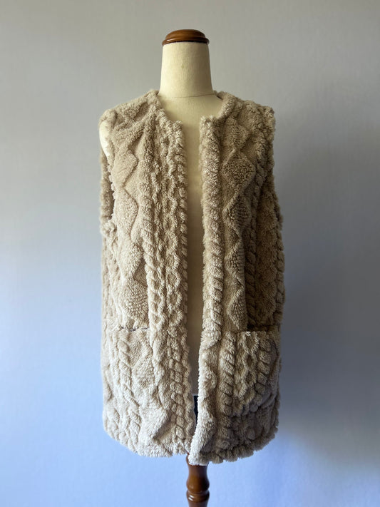 Plush Cable-Sculpted Long Faux Fur Sleeveless Vest - Sand Beige - Size Large