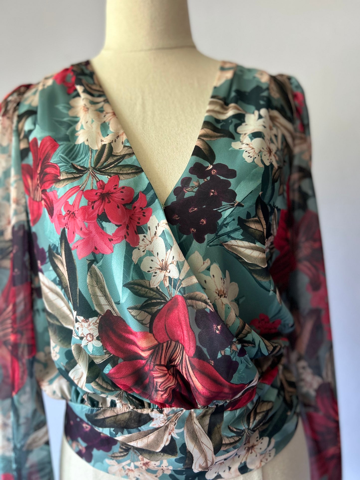 Blue Floral Wrap Blouse – Size 6