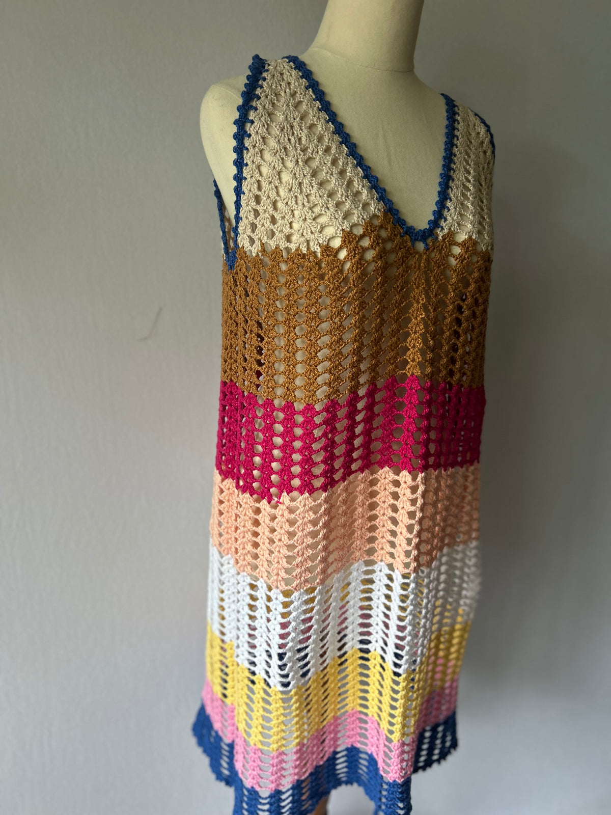 Handmade Cotton Crochet Striped Mini Dress – Size M/L | Made by Mum