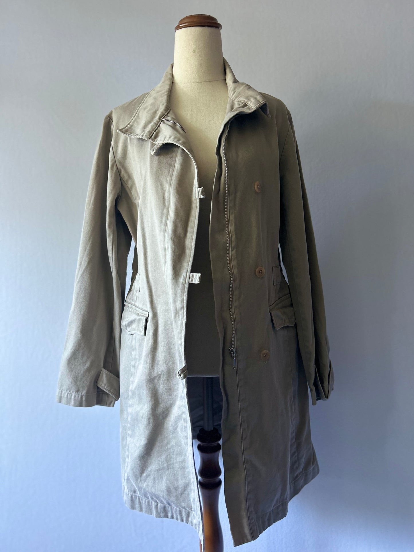 Structured Cotton Utility Trench Jacket with Zip & Button Closure - Size M