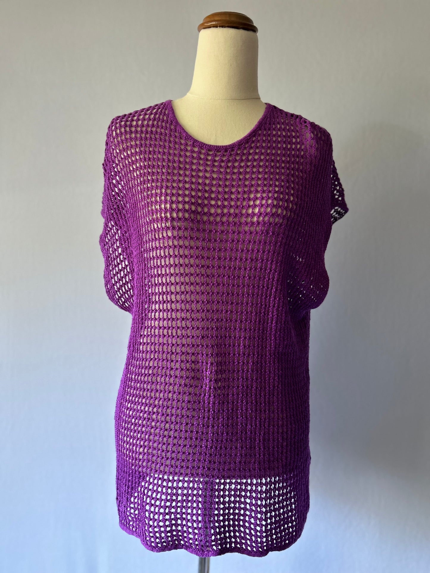 Purple Linen Crochet Top | Size Small | Sheer Mesh Knit