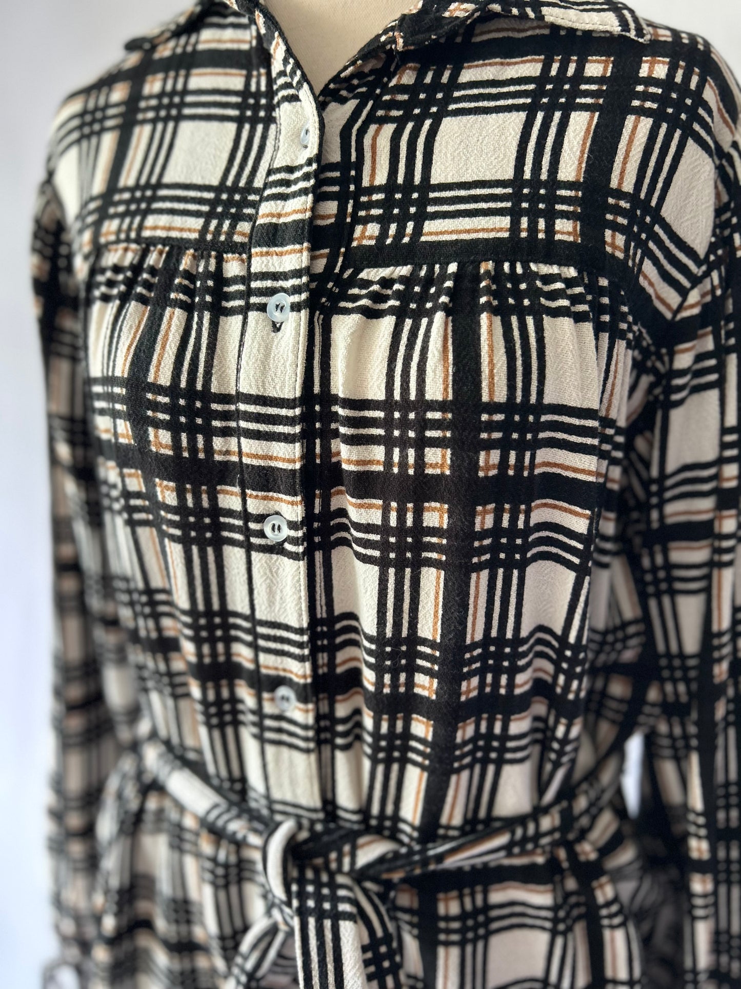 Beige & Black Plaid Cotton Shirt Dress with Belt – Size S