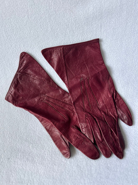 Vintage Burgundy Soft Leather Gloves - Size XS