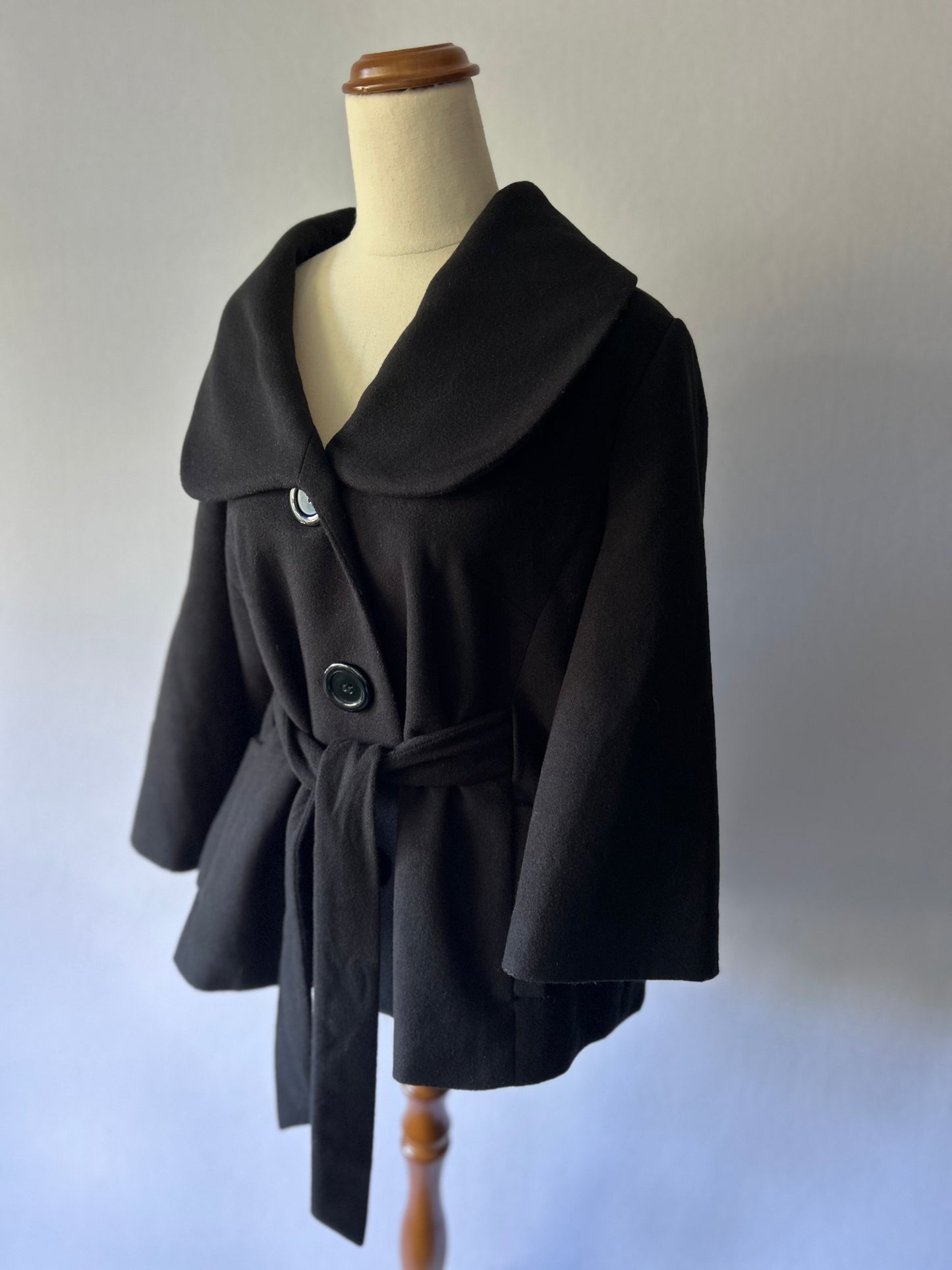 Classic Black Belted Pea Coat – Size M