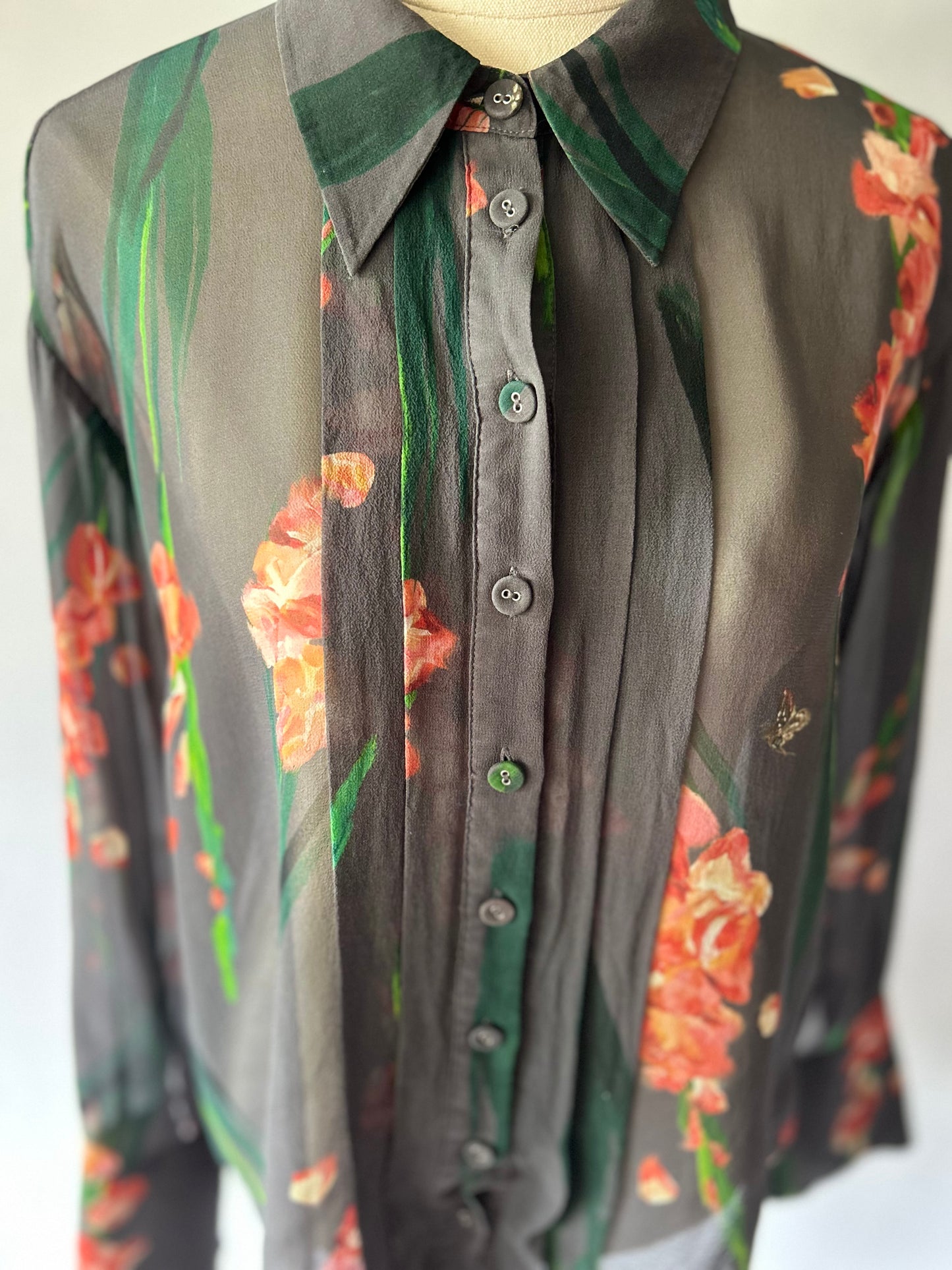Sheer Charcoal Silk Floral Button-Down Blouse - Size UK 10/Eur38