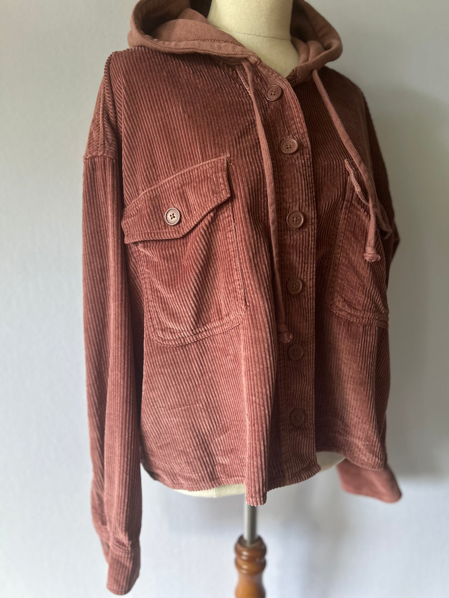 Dusty Rose Corduroy Button-Down Jacket with Hoodie | Size Large | 100% Cotton