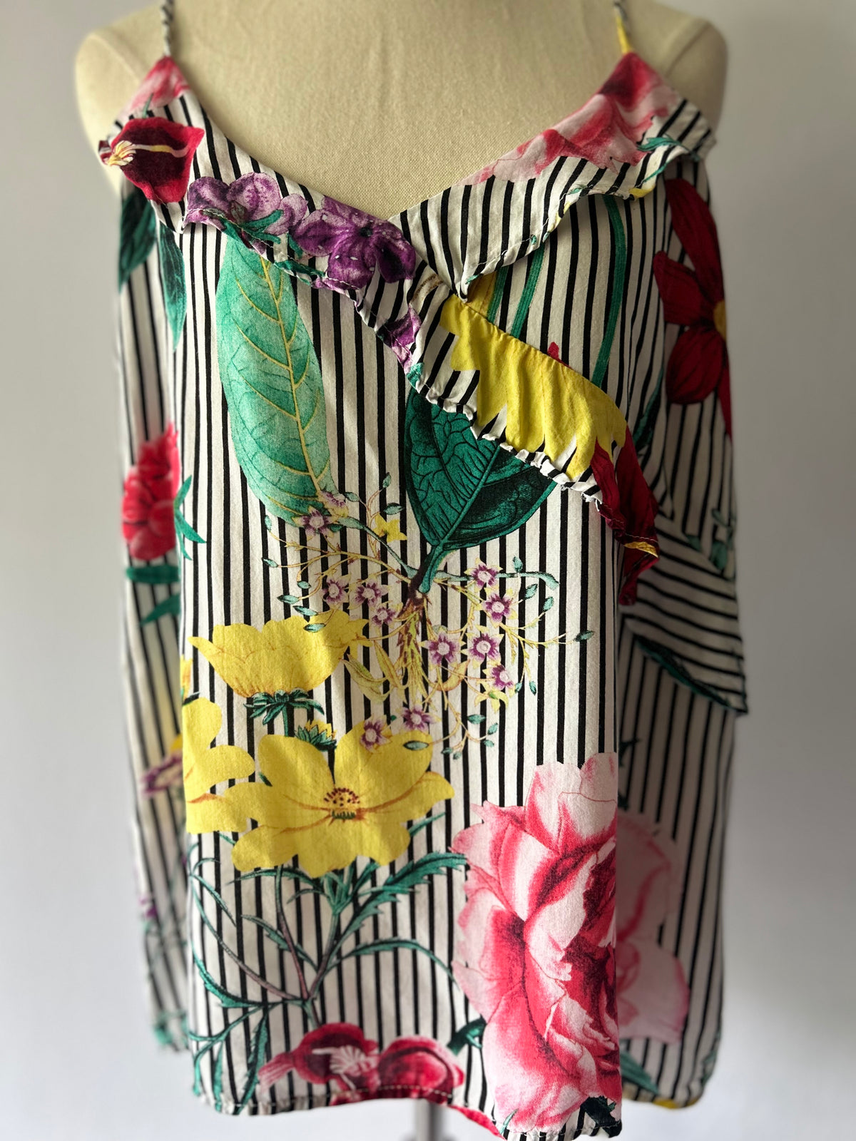 Floral Stripe Cold-Shoulder Ruffle Top – Size L