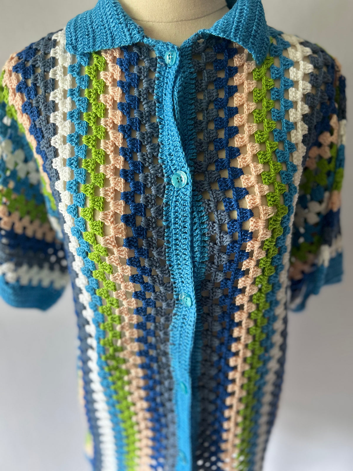 Handmade Coastal Stripe Cotton Crochet Cardigan — Size S/M