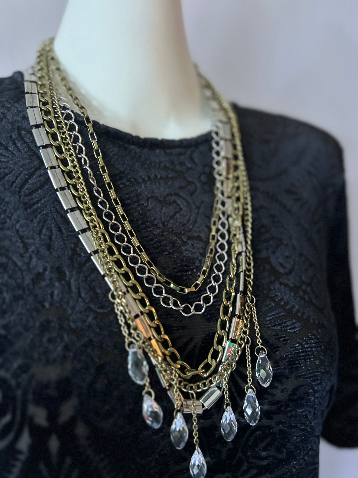 Vintage Mixed-Metal Multi-Strand Cascade Necklace with Crystal Drops
