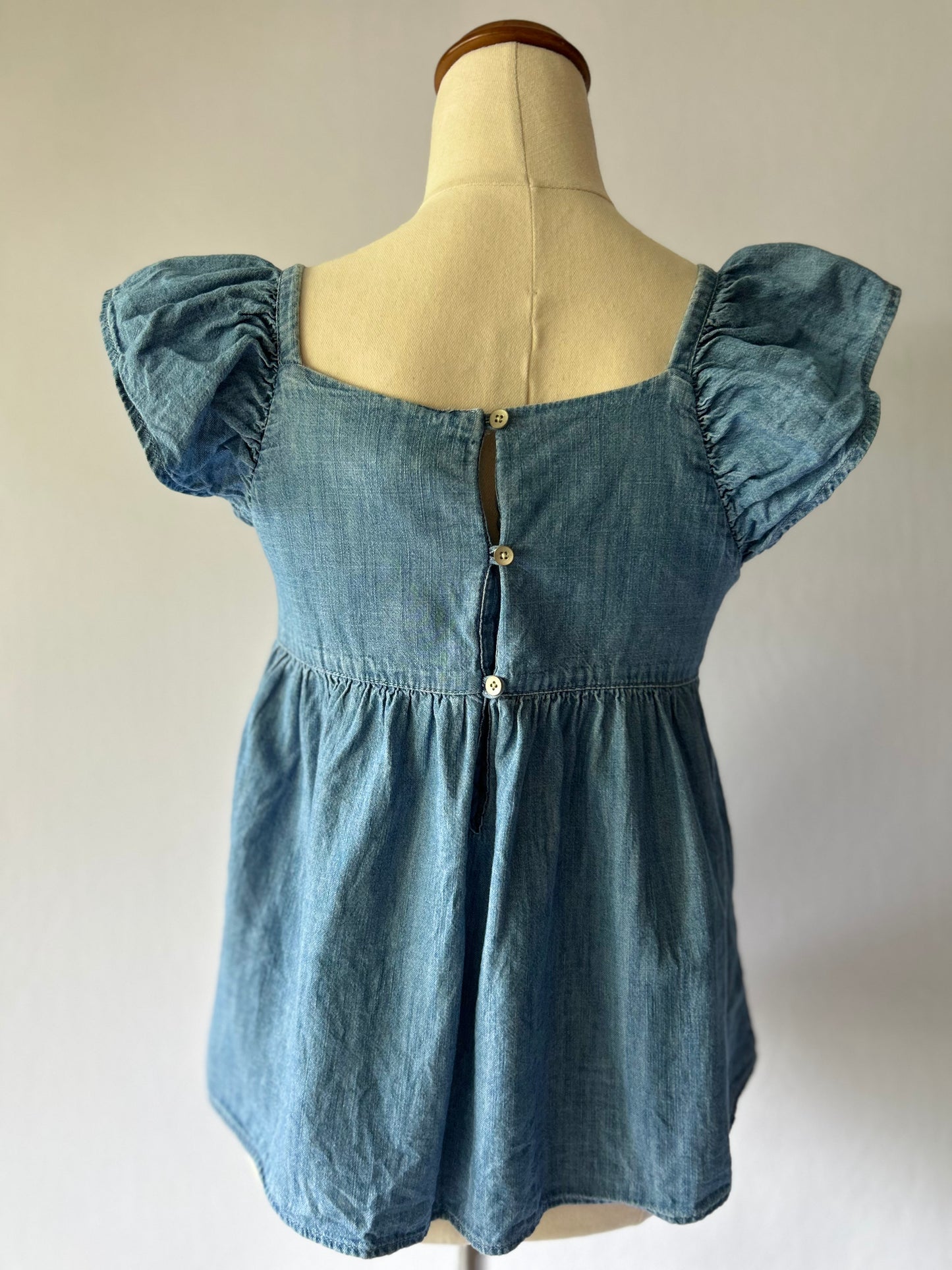 Denim Chambray Babydoll Top with Pink Embroidery Small