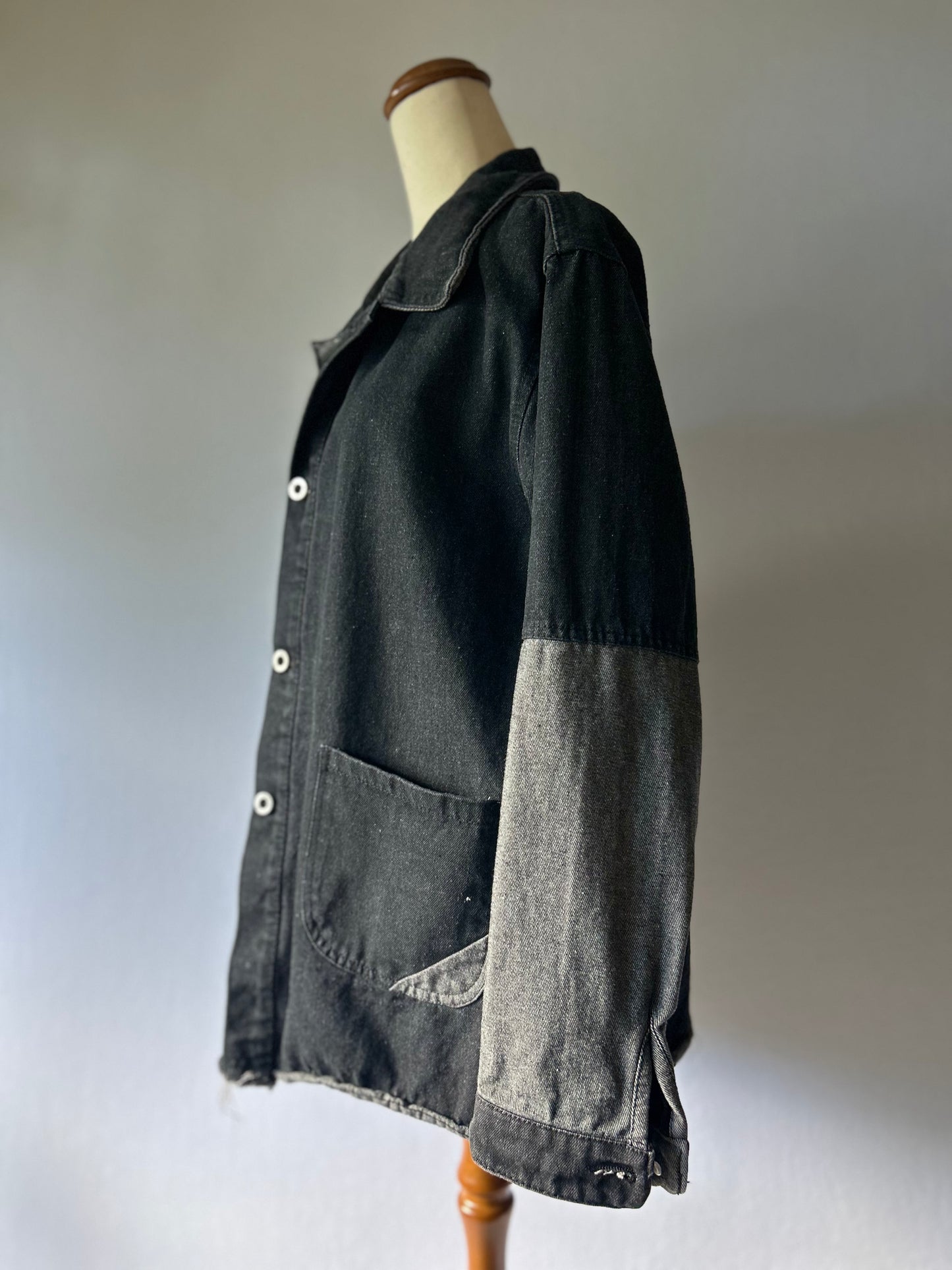 Two-Tone Panelled Denim Utility Overshirt - Black & Grey - Size XL