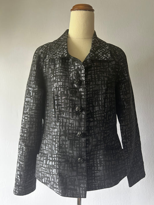 Anne Mardell Black Patterned Jacket – Size 12 – Made in New Zealand – Cotton Blend