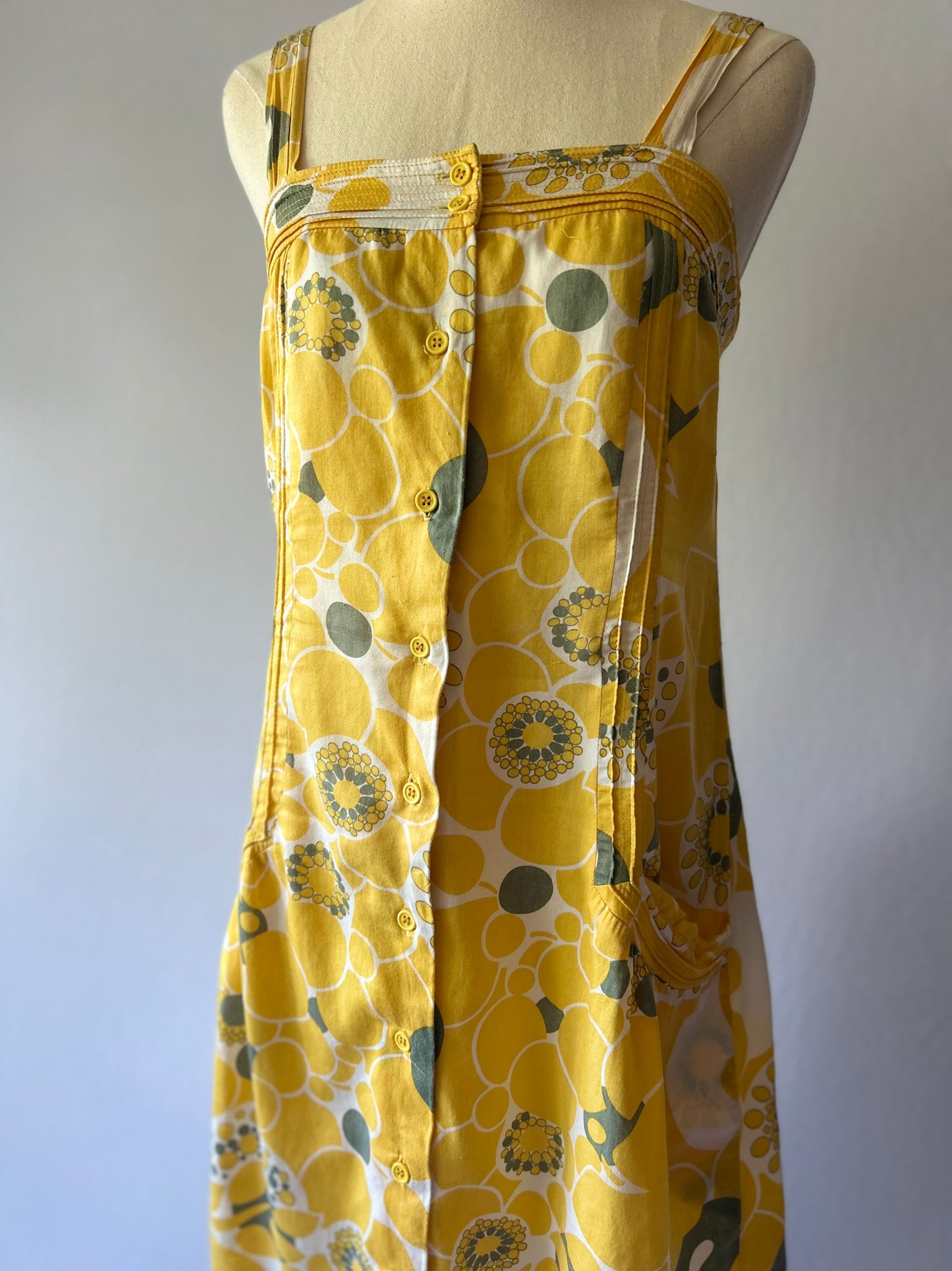 Size Small | Mod Yellow Floral Cotton Sundress | Button Front A-Line Dress