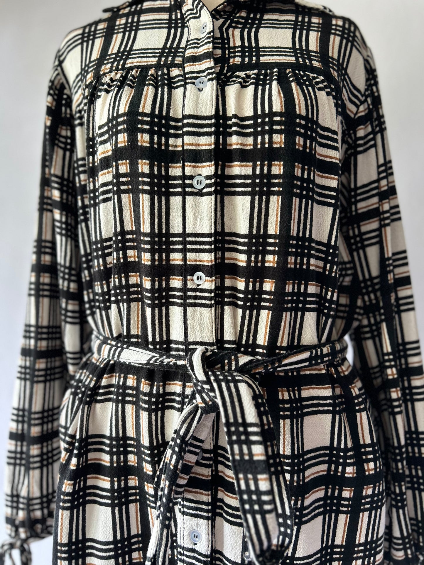 Beige & Black Plaid Cotton Shirt Dress with Belt – Size S