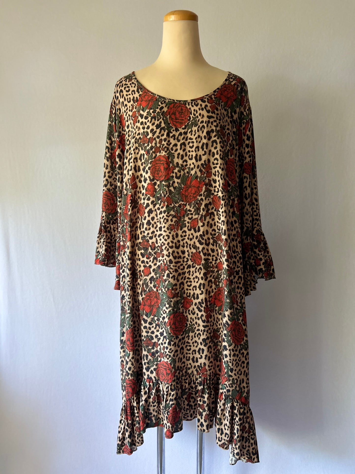 Leopard & Rose Print Tiered Smock Dress - Size 18