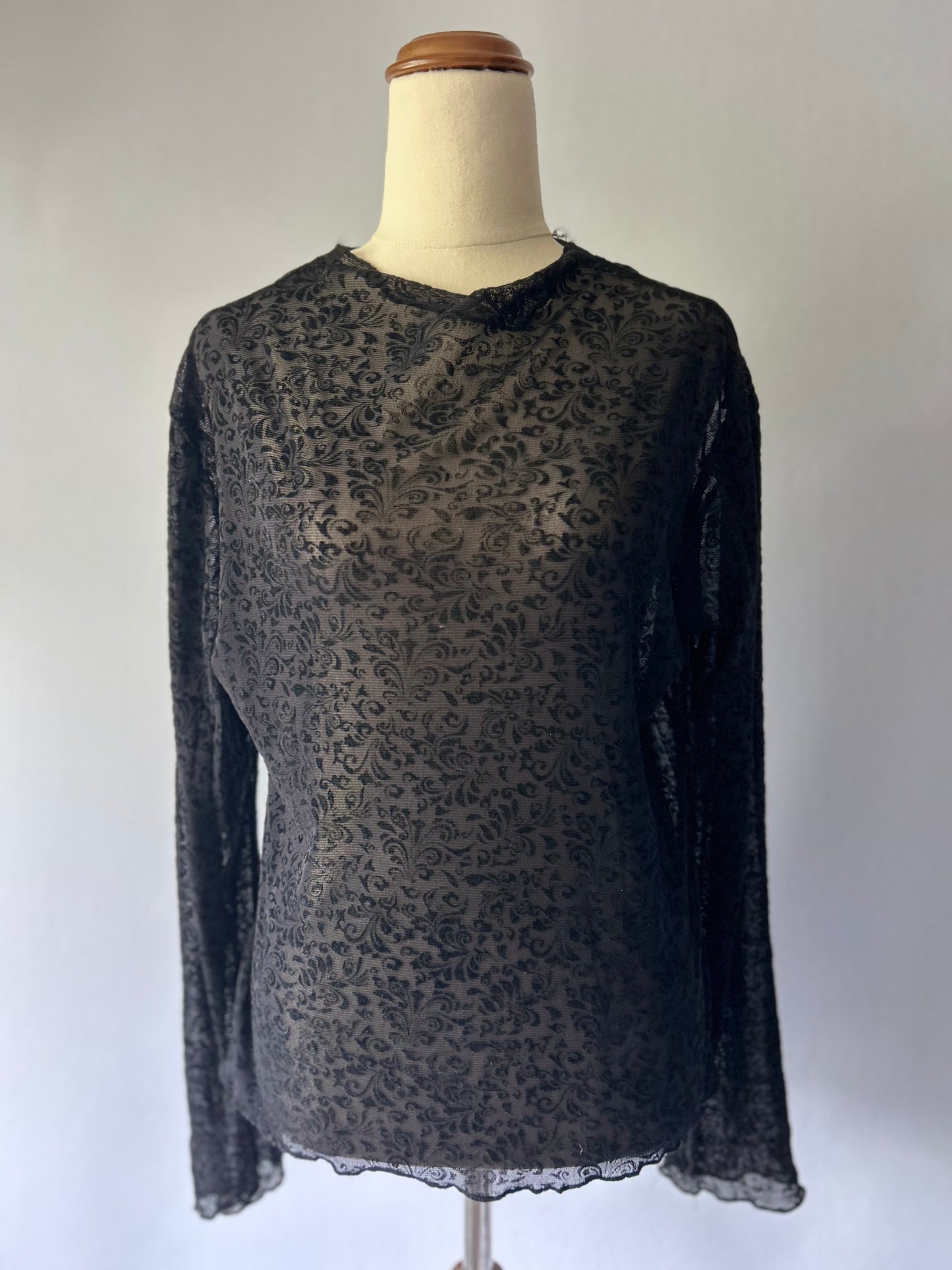 Black Floral Mesh Long Sleeve Top – Size L