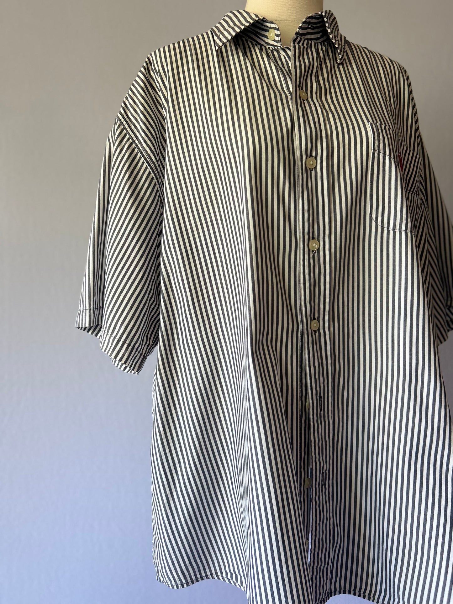Size XL | Classic Short Sleeve Pinstripe Cotton Shirt | Oversized Button-Down