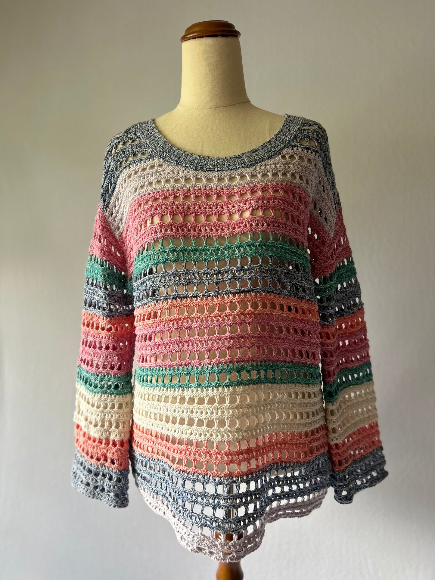 Gap Multi-Colour Striped Crochet Knit Sweater - Cotton Blend, size small