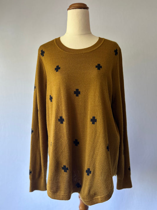 Mustard Merino Wool Sweater with Black Cross Print – Size M, 100% Wool