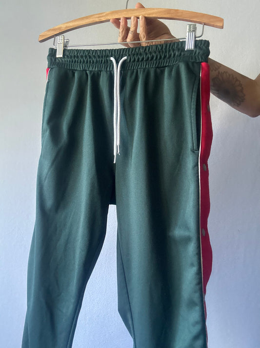 Dark Green Side-Snap Button Track Pants with Red Stripe - Size XS (NZ 6)