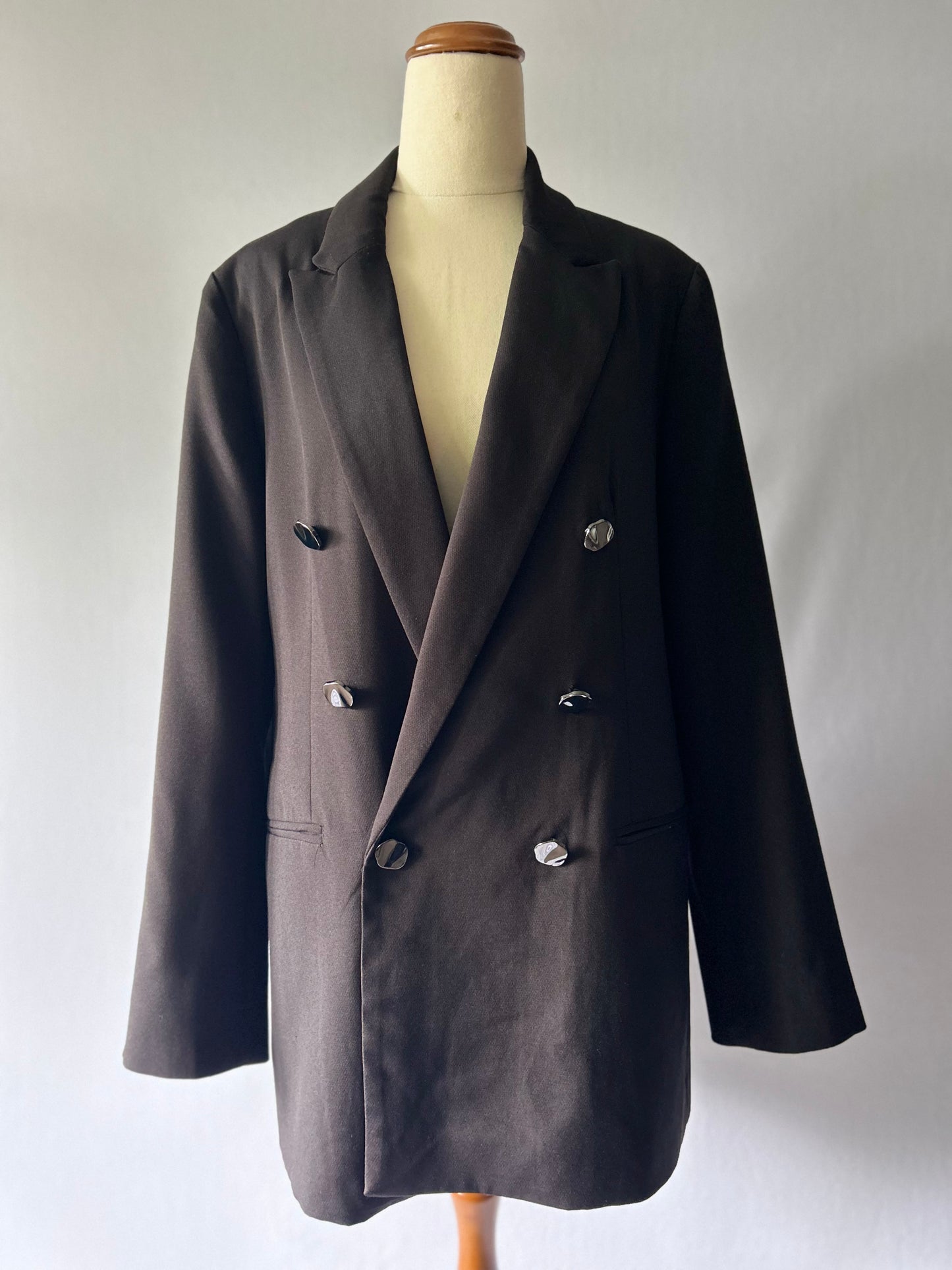 Double-Breasted Longline Blazer - Classic Black - Size 44 (AU 14/16)