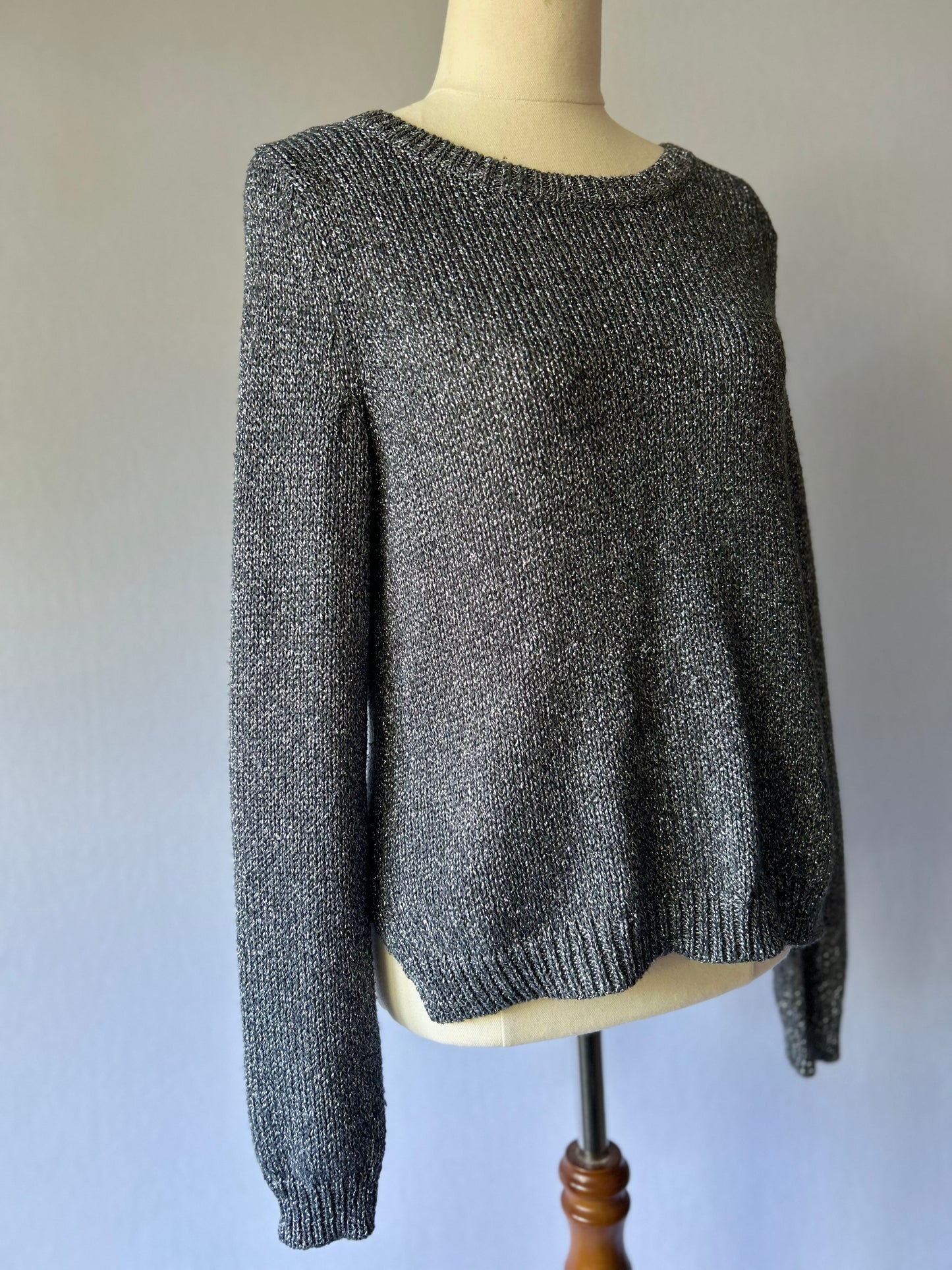 Metallic Shimmer Fine-Knit Jumper - Charcoal & Silver - Size EUR 34 / US 4 (NZ 6)
