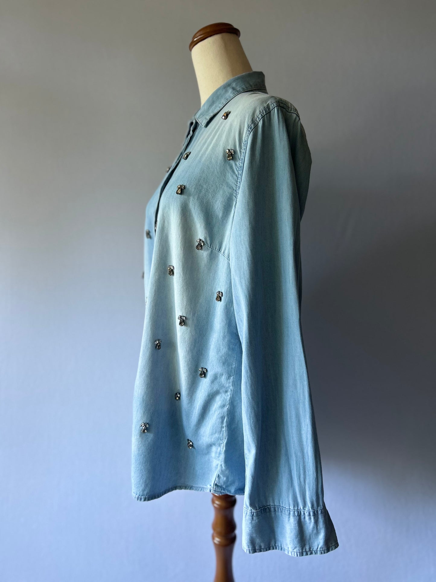 Embellished Ombré Denim Shirt - Light Wash Cotton - Size 12
