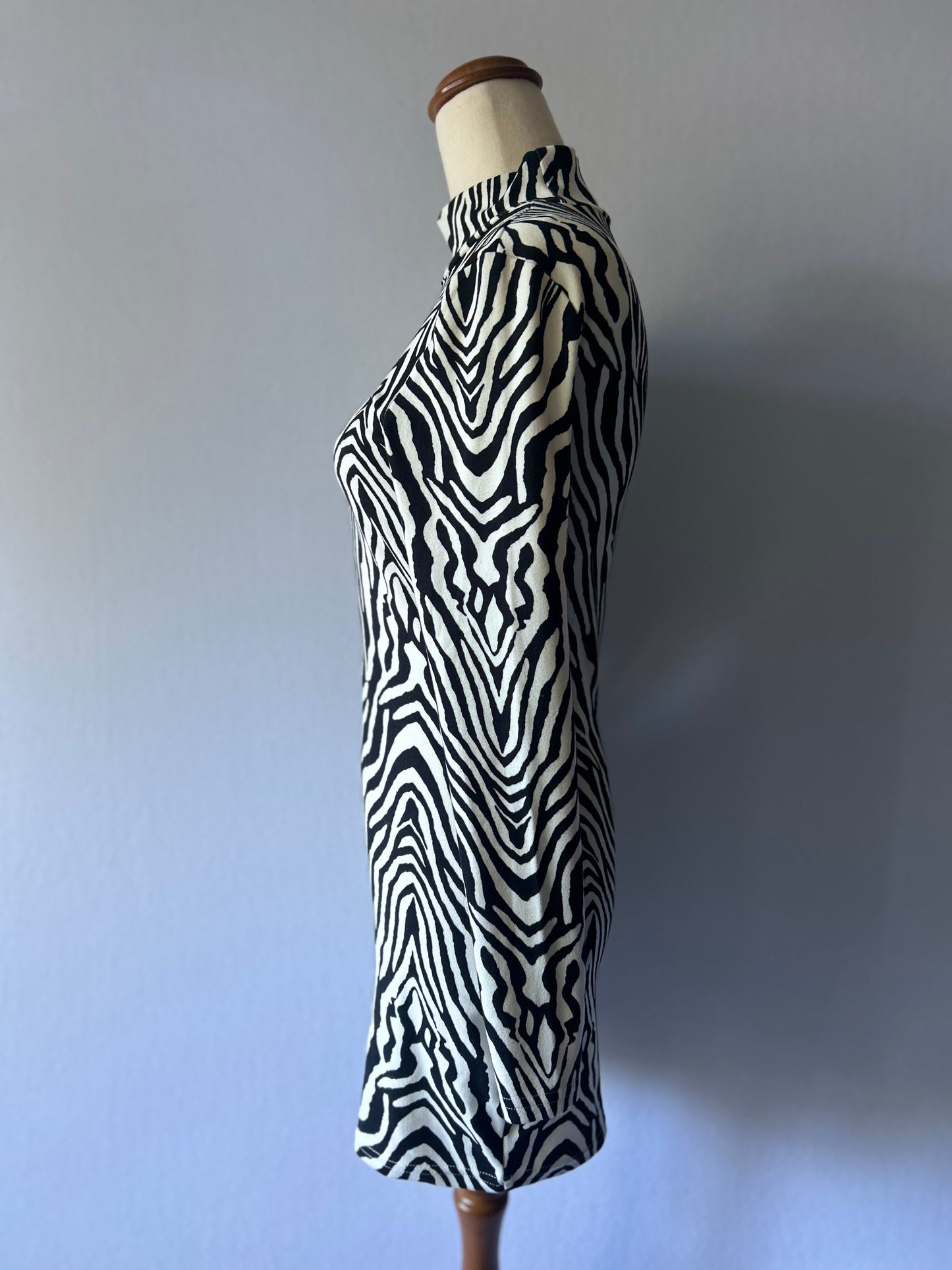 Monochrome Zebra Print Mock Neck Bodycon Mini Dress - Size M